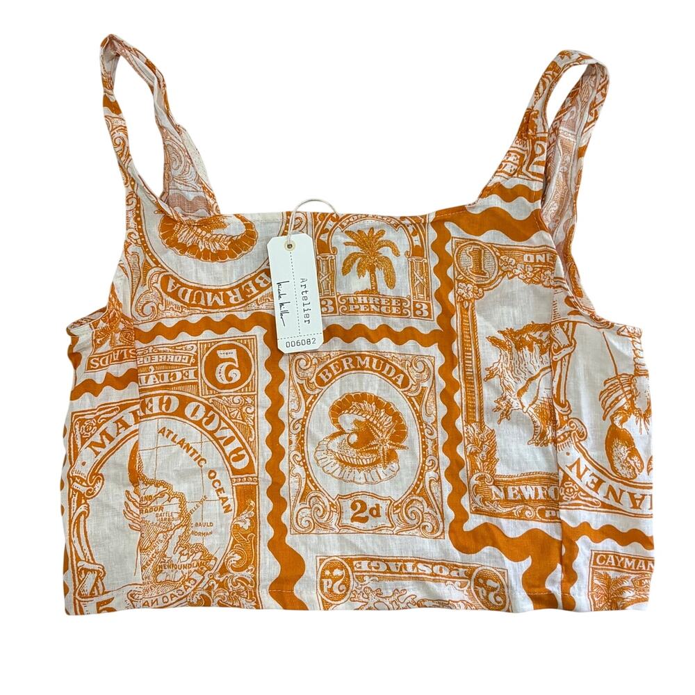Sleeveless Crop Tank Top with Orange Tropical Stamp Print